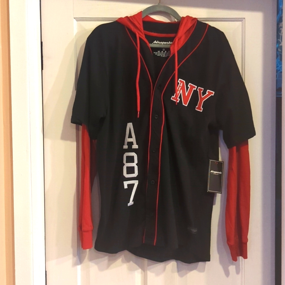 NWT Aeropostale Black Button Up Hooded Baseball Jersey